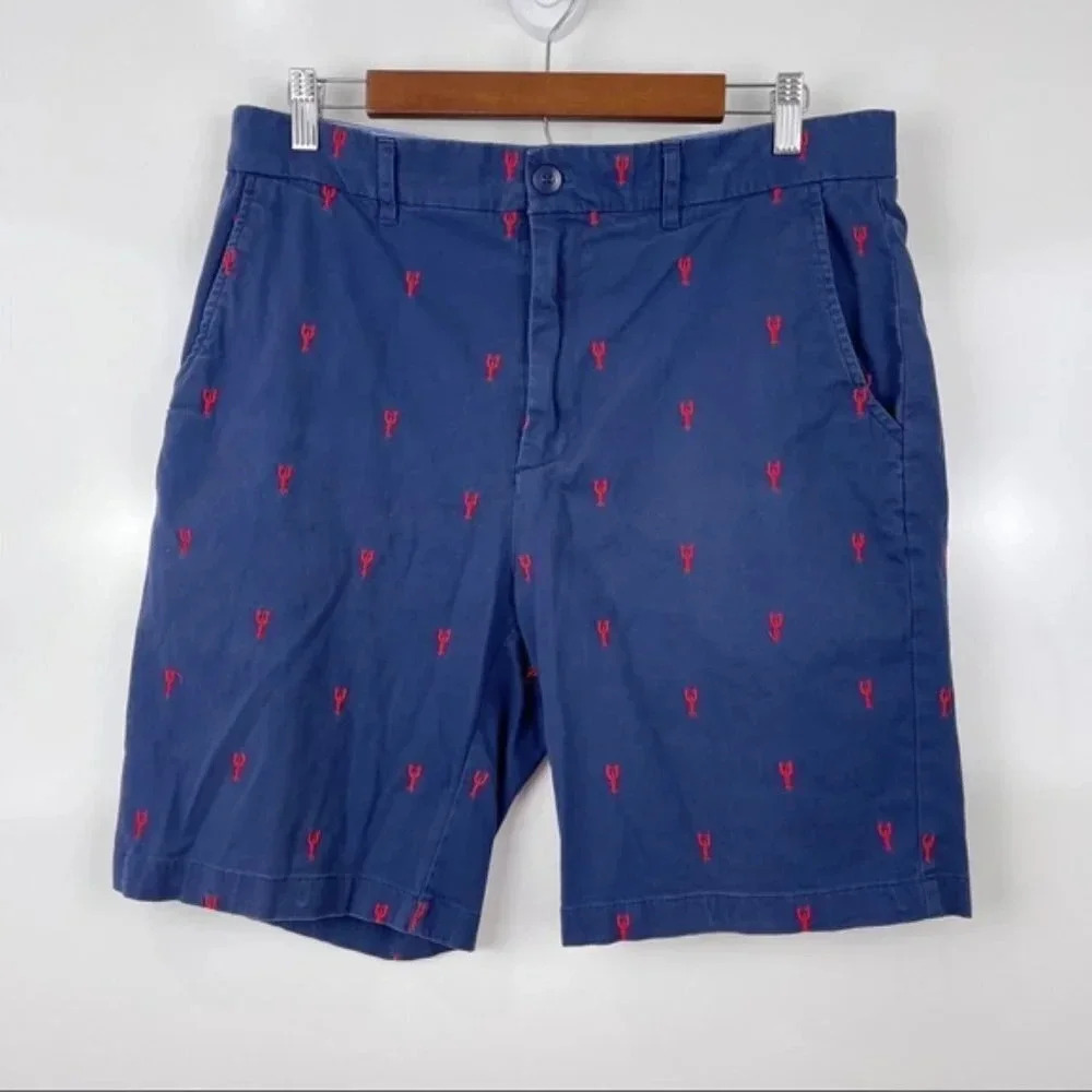 Isaac Mizrahi Navy Blue Embroidered Lobster Print Flat Front Casual Shorts Sz 34